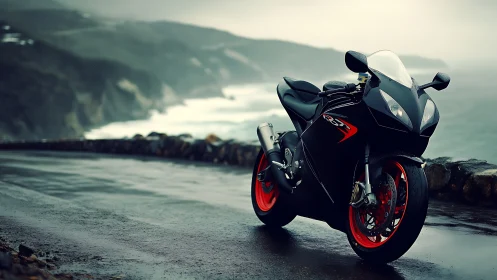 Sleek sport motorcycle pauses on a misty ocean cliff road
