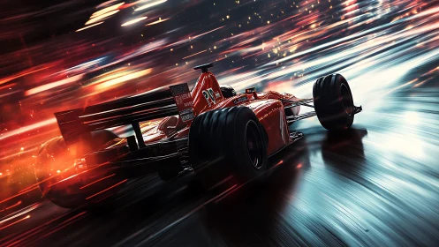 Scarlet formula racer slicing through neon stormlight.