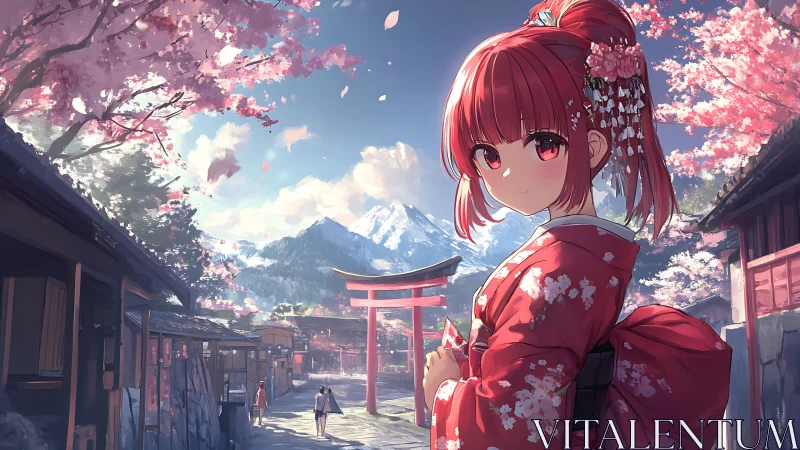 Spring stroll with a red-haired girl in a cherry blossom town.
