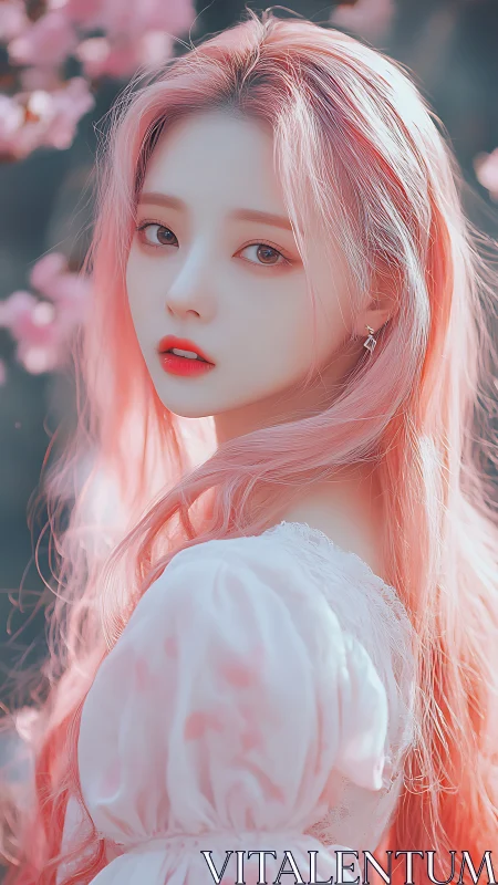 Pink-haired girl glows under soft cherry blossom light.