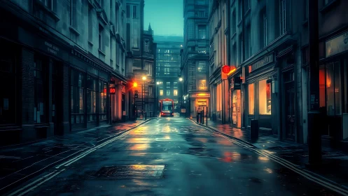 Moody city street glows with warm lights after gentle rain