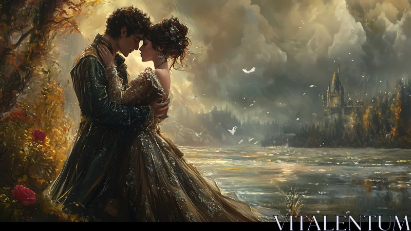 Romantic Embrace Before Gothic Castle in Atmospheric Landscape.