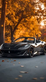 Black supercar cruises under golden autumn trees at dusk