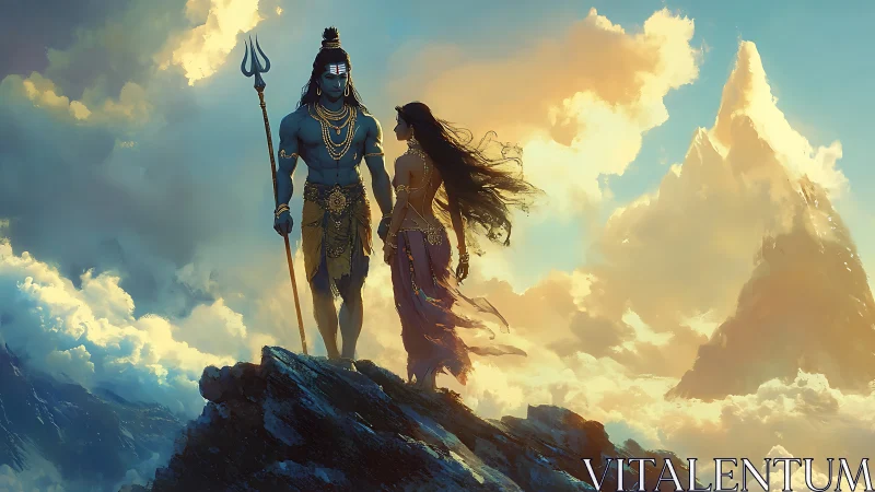 Divine mountain lovers stride through clouds and mythic light.