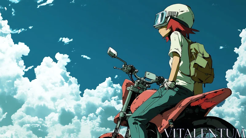 Motorcyclist with backpack studies cumulus cloud field under saturated sky