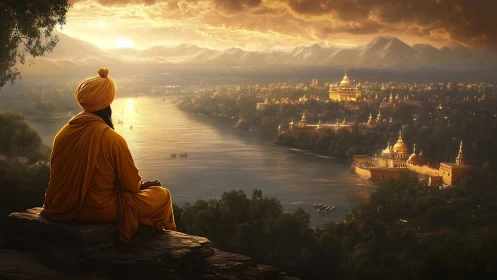 Solitary robed figure overlooks golden riverside temple city at dusk