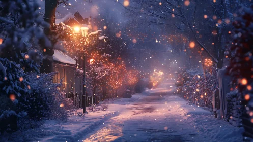 Snowlit lane drifts beneath amber lamps and wandering sparkles.