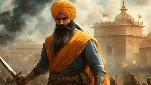 Sikh warrior commands fiery battlefield before fortress