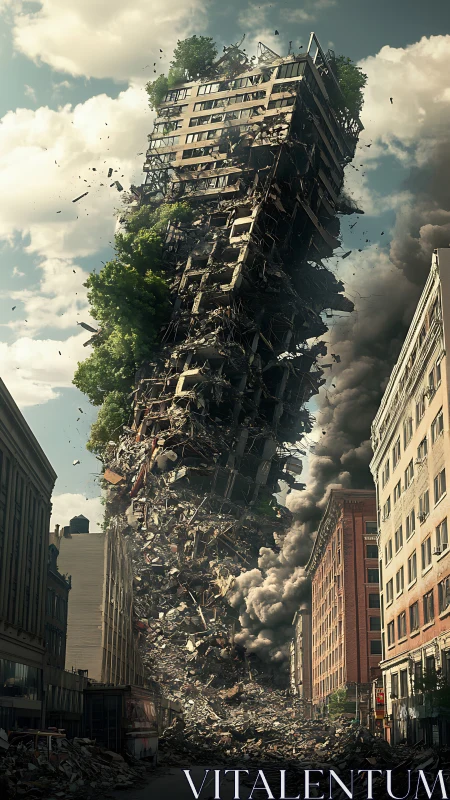 Urban tower mid-collapse as hidden forest breaks free.