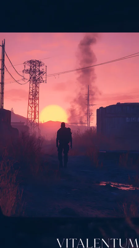 Lone wanderer crosses ruined road under toxic sunset.