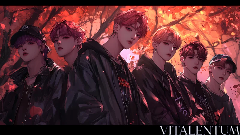 Stylized boy group in autumn alley with dramatic rim lighting