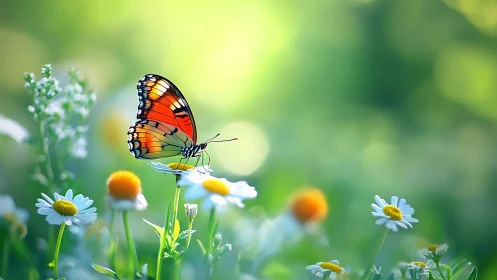 Monarch butterfly resting on daisies in soft green bokeh field.