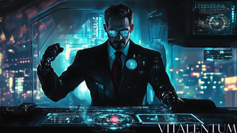 Cybernetic strategist at neon command interface in dusk metropolis.