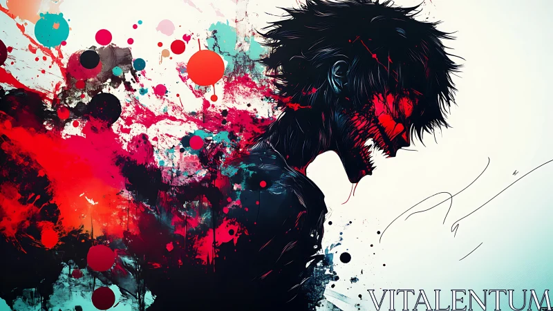 Silhouetted anime figure dissolves into violent chromatic splashes