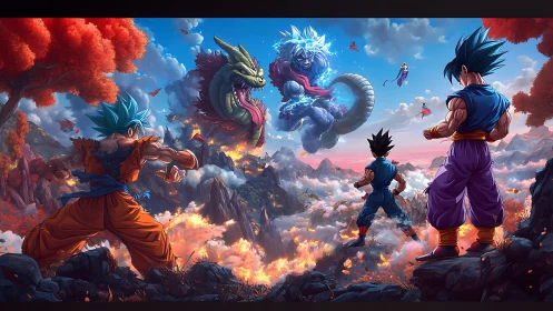High-energy anime battle over volcanic canyon with summoned dragon