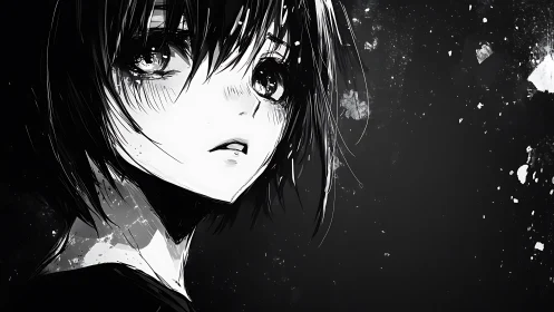 Monochrome anime portrait of pensive girl with splatter field