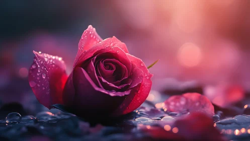 Deep crimson rose with water droplets rendered in photorealistic depth of field bokeh