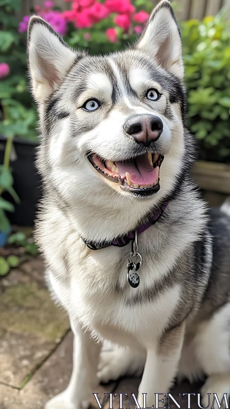 Blue-eyed husky portrait in sunlit garden setting.