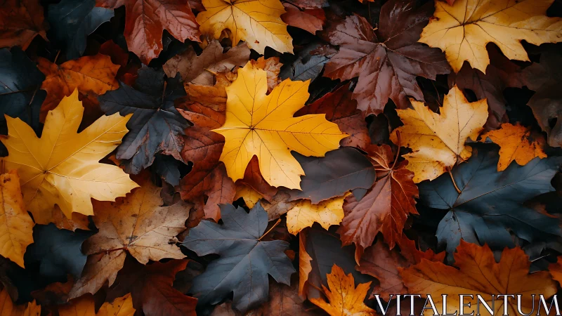 Autumn maple leaves carpet with golden and deep blue tones.