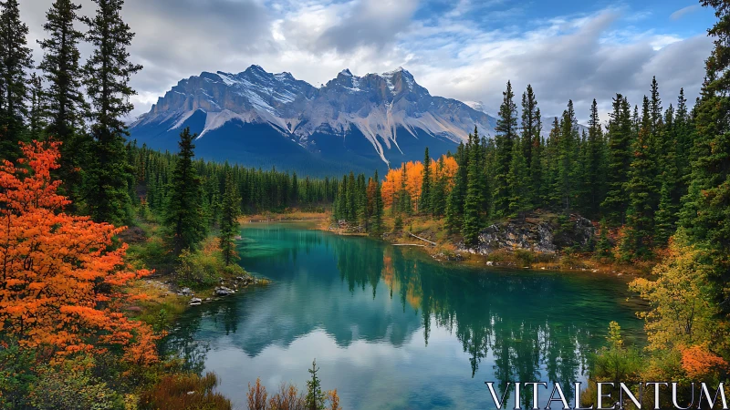 Emerald alpine river cradles fiery autumn forest beneath peaks.