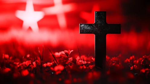 Glossy black grave cross in shallow focus red poppy field