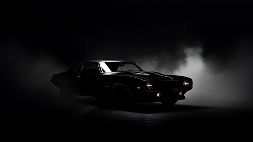 Classic black muscle car in low key studio lighting.