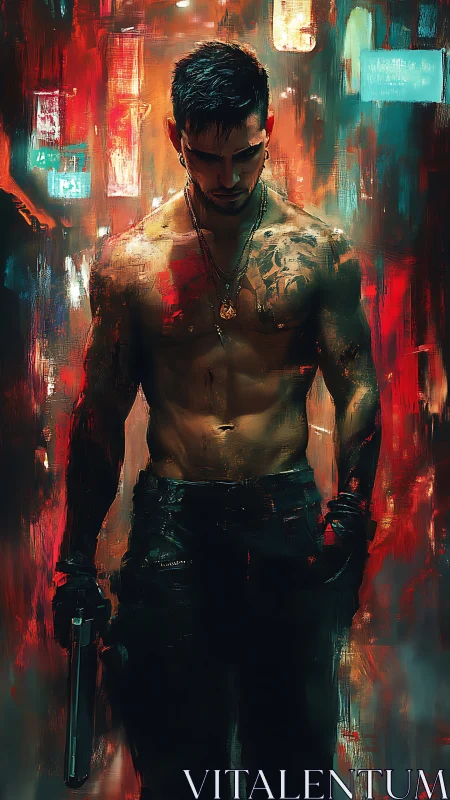 Shirtless armed figure in neon urban abstract environment.