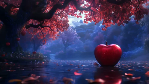 Enchanted scarlet apple resting beneath luminous forest canopy.