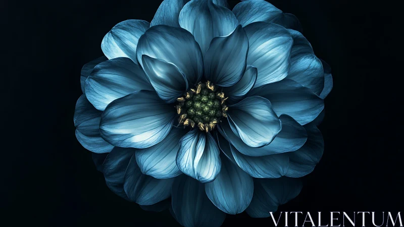 Blue dahlia bloom with concentric petal arrangement against dark background