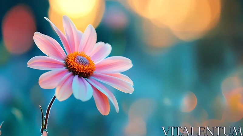 Pink daisy-type flower with orange center, shallow depth field blur