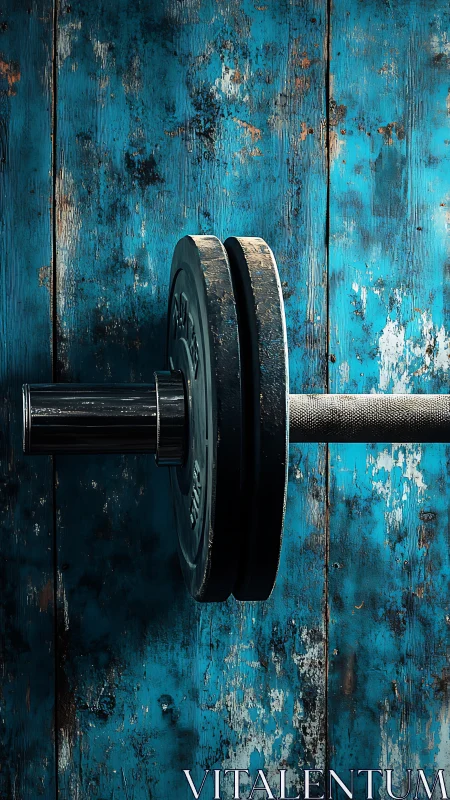 Iron barbell waits against weathered turquoise wooden wall.