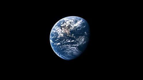 Photorealistic orbital view of Earth in negative space composition.