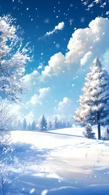 Snow-covered rural landscape with trees under clear sky.