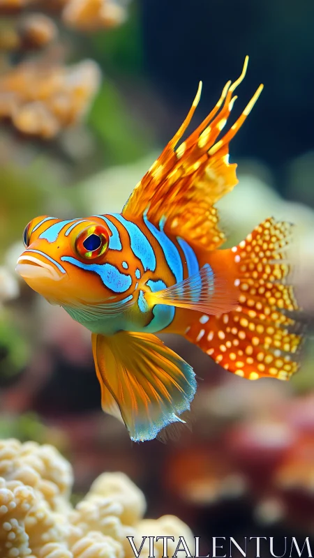 Vibrant mandarin fish glides through soft coral reef.