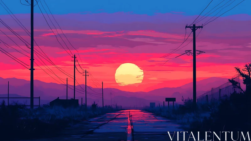 Digital painting of sunset highway with silhouetted power lines.