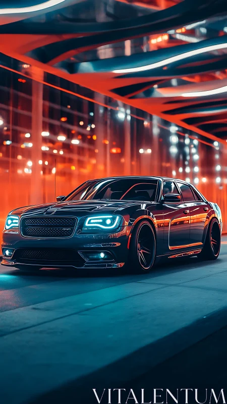 Neon-lit luxury sedan gliding through futuristic tunnel at night.
