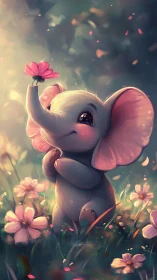 Gentle baby elephant enjoys a quiet moment with a flower