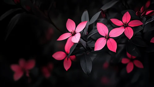 Vivid Pink Blossoms Against Shadowed Foliage. Striking Floral Contrast.