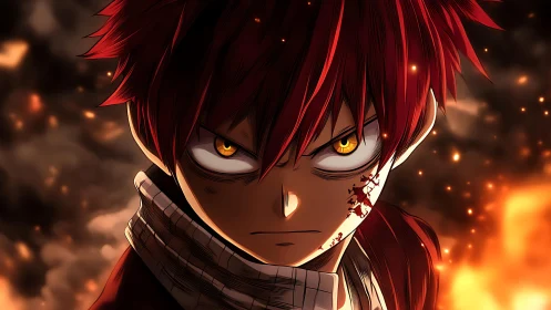 Intense anime portrait with dynamic lighting and ember particles
