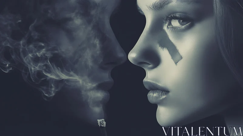 Monochrome female profile confronts smoky spectral double in dark