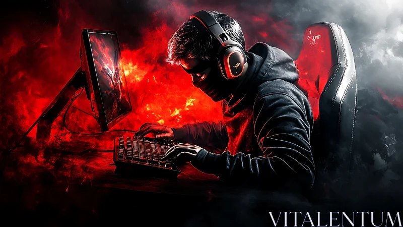 Midnight gamer cloaked in firelit pixels and focused fury.