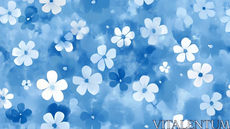 Blue and white flowers floating across dreamy sky background