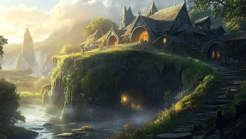 Elven cliffside sanctuary glows above a misty forest river.