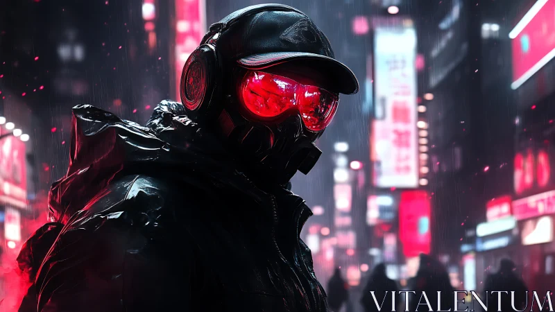 Neon mask sentinel stalks rain slick cyberpunk city night.