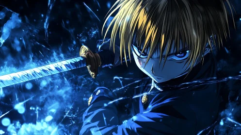 Intense blond anime swordsman in blue energy storm.