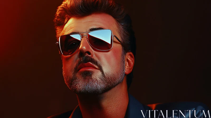 Retro-lit portrait of confident man in mirrored aviators.