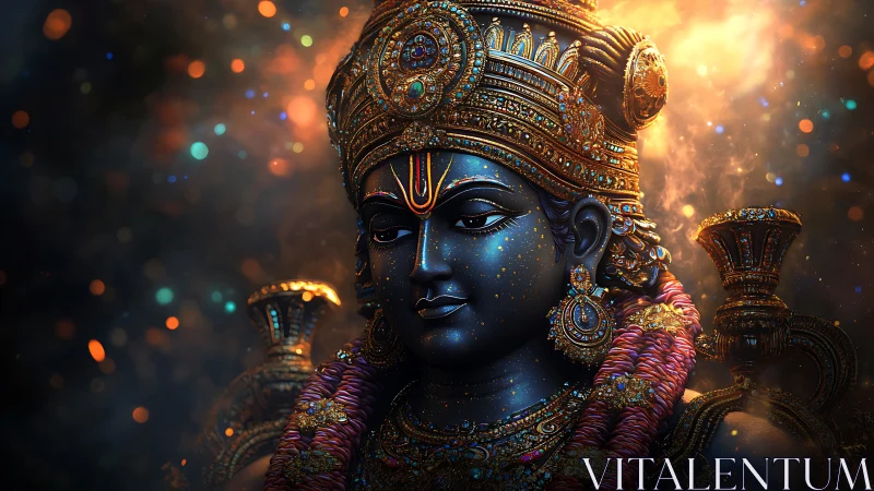 Divine blue deity glows amid jeweled crown and cosmic light.