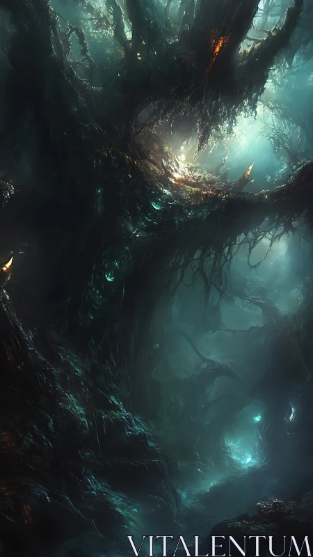 Eldritch forest heart where ghostlight roots drink night.