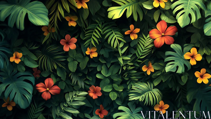 Dense tropical foliage with orange and red hibiscus flowers.