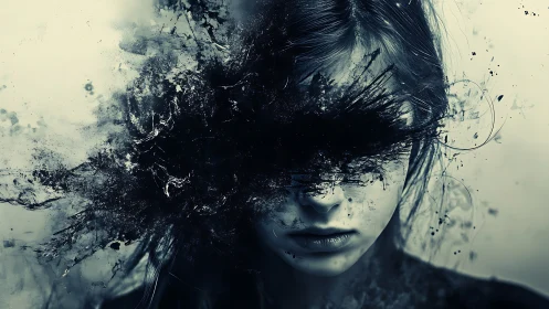 Haunting portrait shrouded in inky chaos and inner turmoil